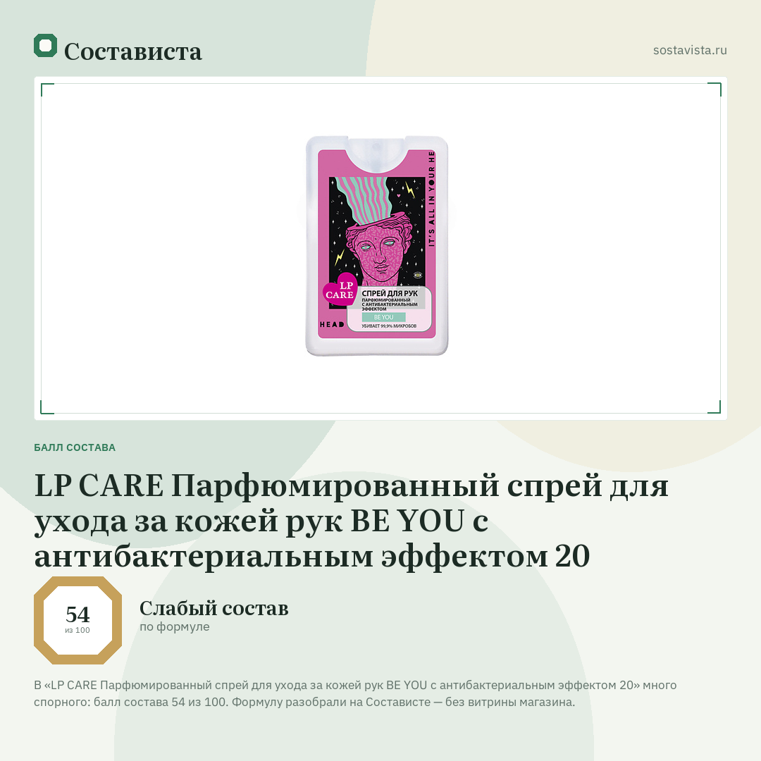 LP CARE Парфюмированный спрей для ухода за кожей рук BE YOU с антибактериальным эффектом 20: балл состава 54 из 100 — Состависта