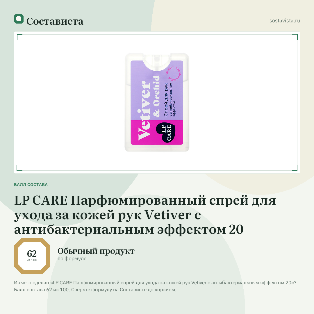 LP CARE Парфюмированный спрей для ухода за кожей рук Vetiver с антибактериальным эффектом 20: балл состава 62 из 100 — Состависта