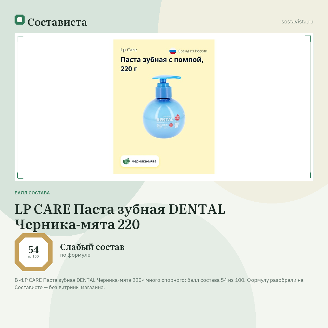 LP CARE Паста зубная DENTAL Черника-мята 220: балл состава 54 из 100 — Состависта