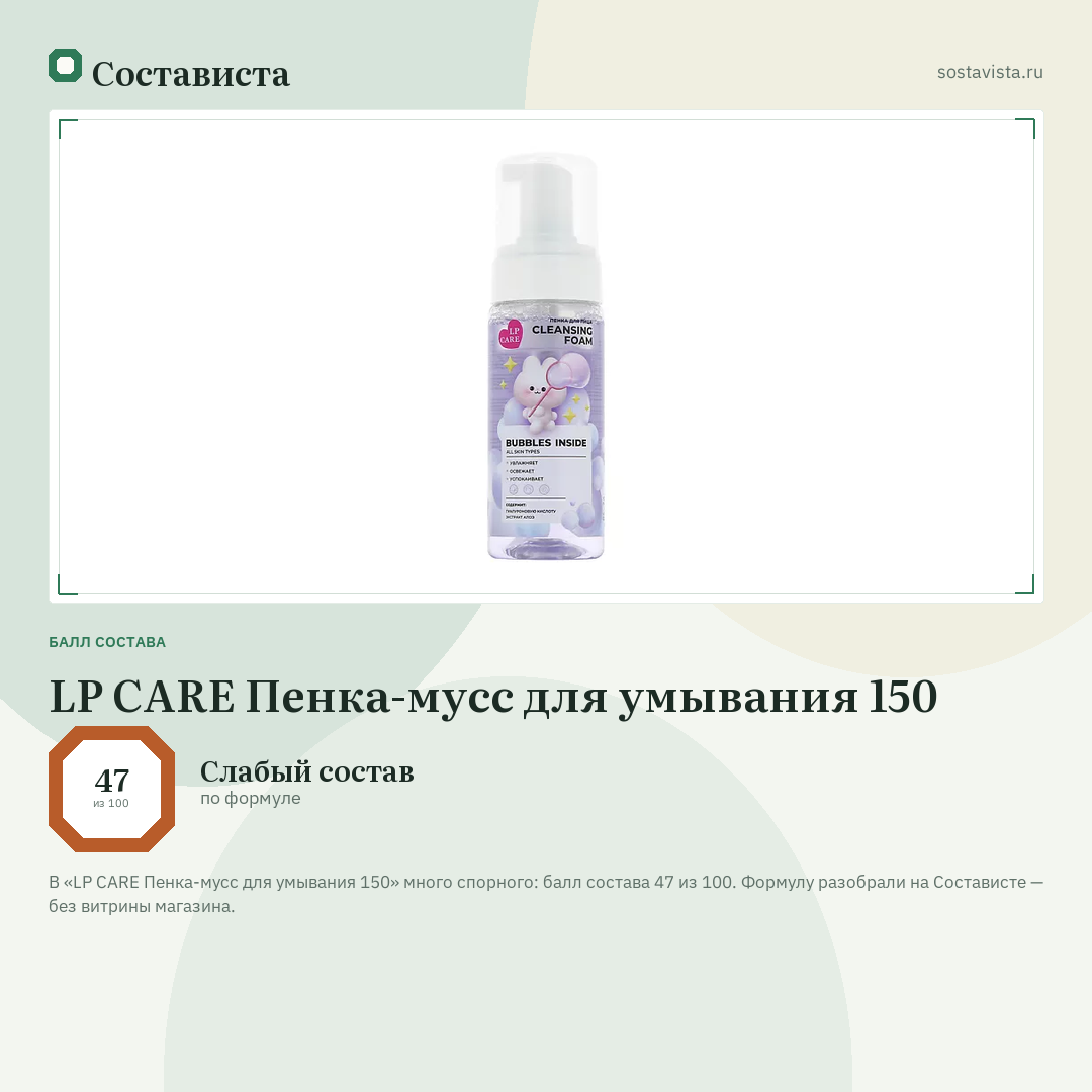 LP CARE Пенка-мусс для умывания 150: балл состава 47 из 100 — Состависта