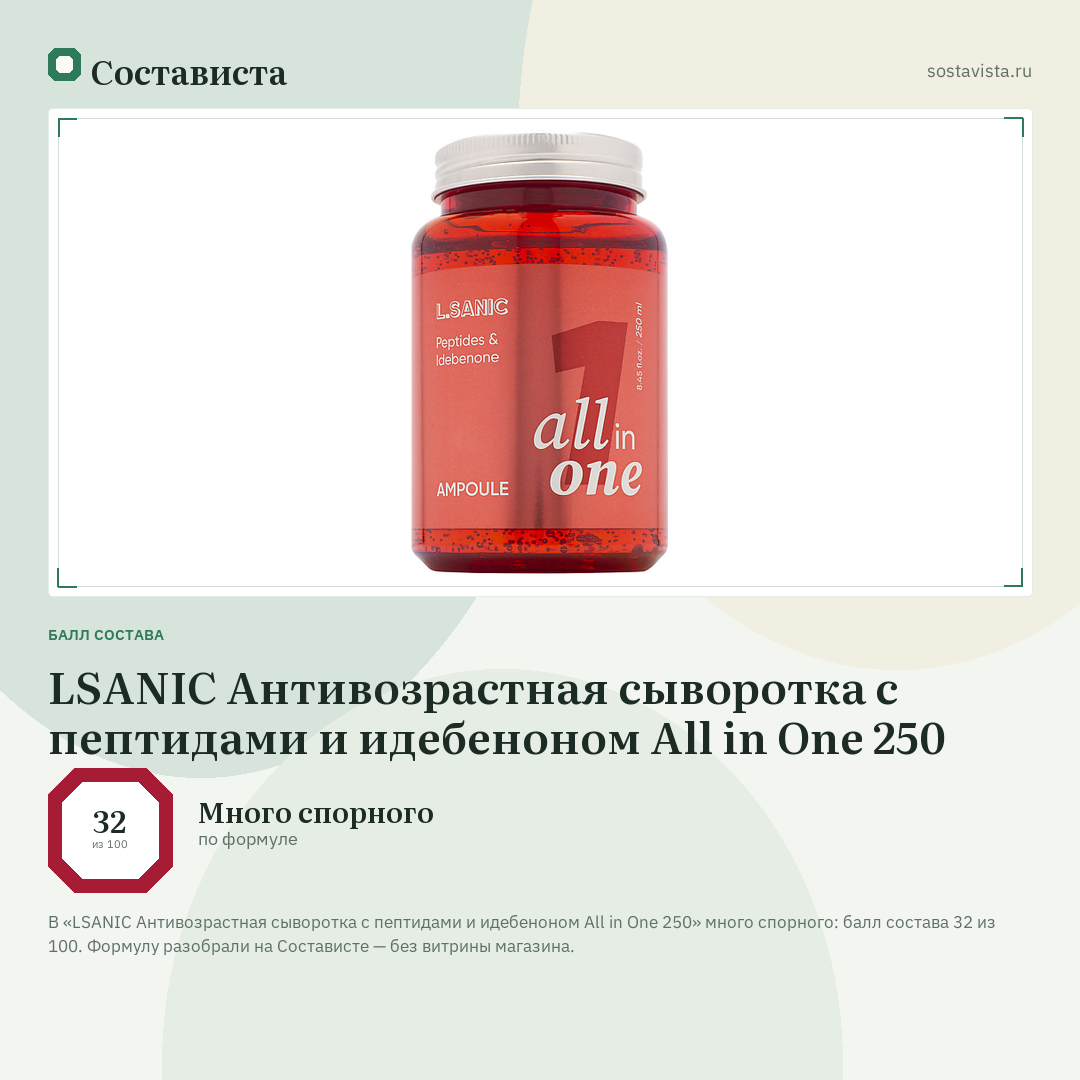 LSANIC Антивозрастная сыворотка с пептидами и идебеноном All in One 250: балл состава 32 из 100 — Состависта