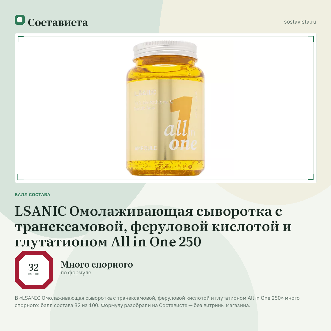 LSANIC Омолаживающая сыворотка с транексамовой, феруловой кислотой и глутатионом All in One 250: балл состава 32 из 100 — Состависта