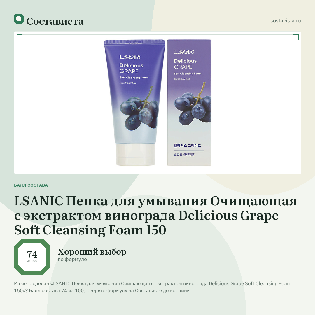 LSANIC Пенка для умывания Очищающая с экстрактом винограда Delicious Grape Soft Cleansing Foam 150: балл состава 74 из 100 — Состависта
