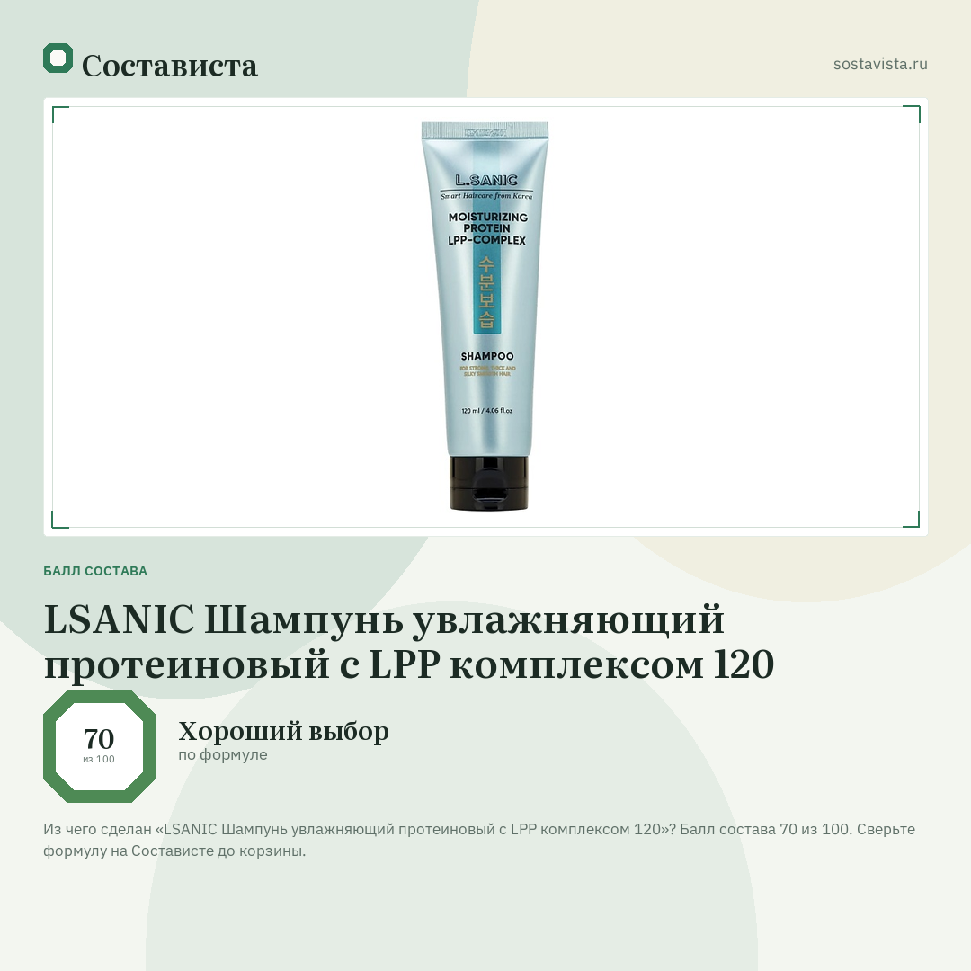 LSANIC Шампунь увлажняющий протеиновый с LPP комплексом 120: балл состава 70 из 100 — Состависта