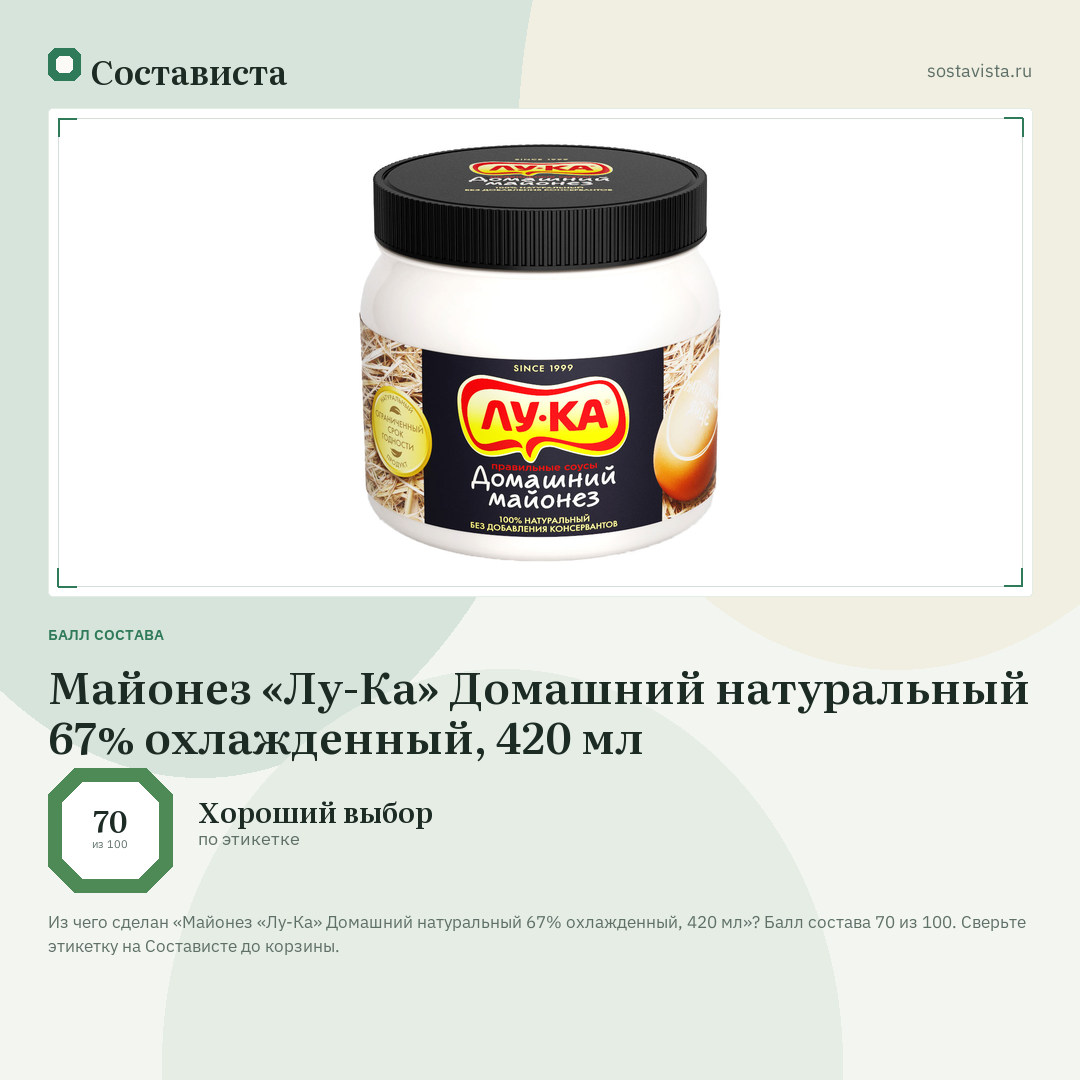 Майонез «Лу-Ка» Домашний натуральный 67% охлажденный, 420 мл: балл состава 70 из 100 — Состависта