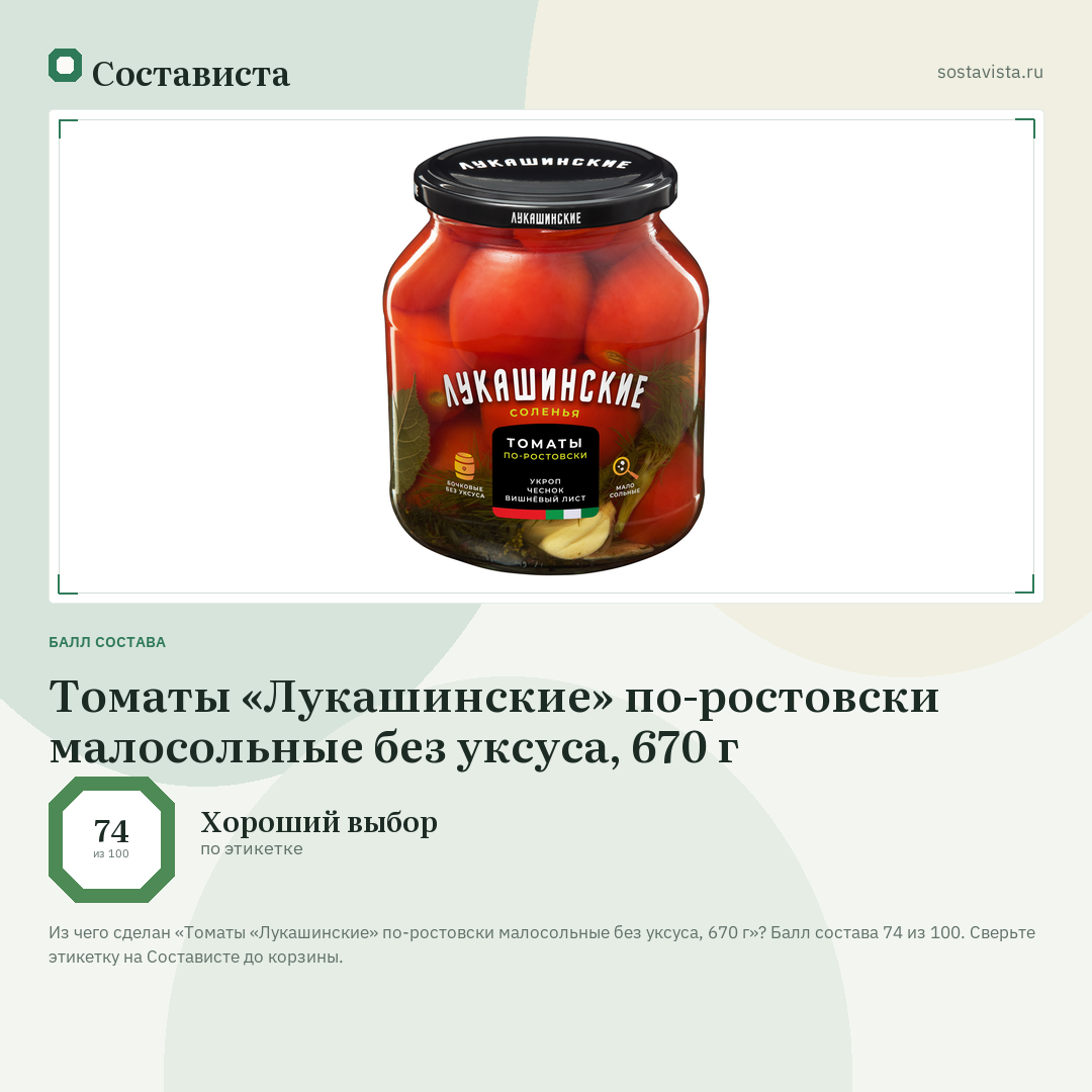 Томаты «Лукашинские» по-ростовски малосольные без уксуса, 670 г: балл состава 74 из 100 — Состависта