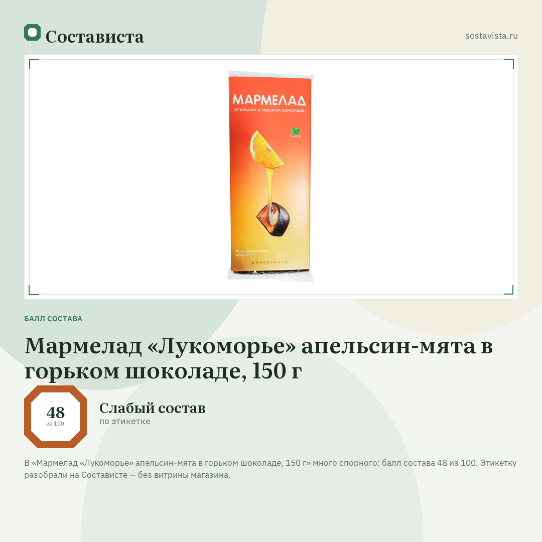 Мармелад «Лукоморье» апельсин-мята в горьком шоколаде, 150 г: балл состава 48 из 100 — Состависта