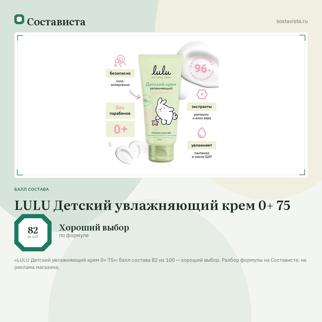 LULU Детский увлажняющий крем 0+ 75: балл состава 82 из 100 — Состависта