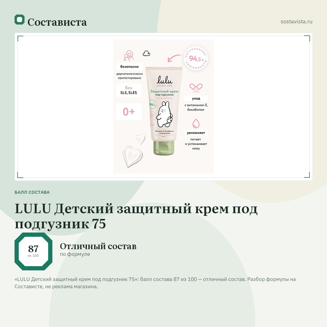 LULU Детский защитный крем под подгузник 75: балл состава 87 из 100 — Состависта