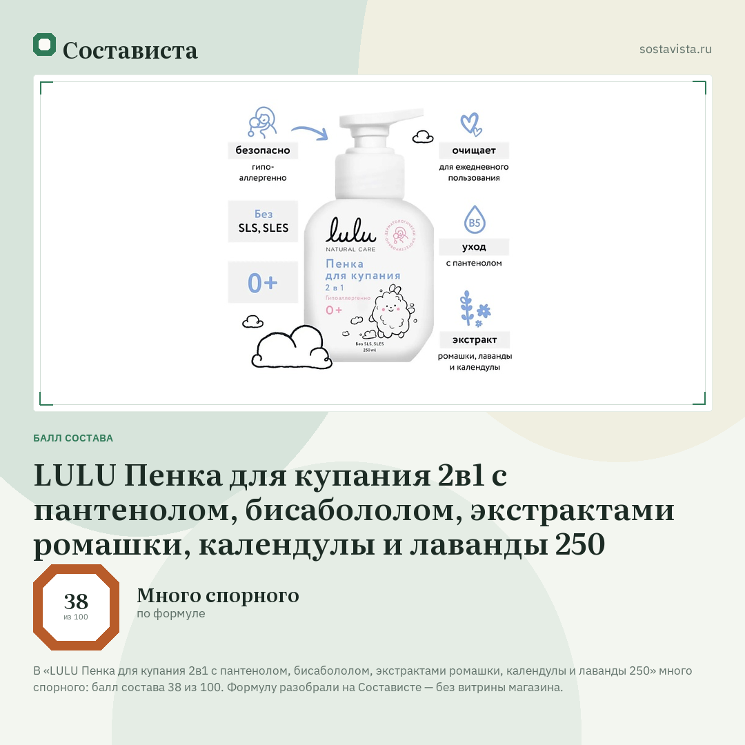 LULU Пенка для купания 2в1 с пантенолом, бисабололом, экстрактами ромашки, календулы и лаванды 250: балл состава 38 из 100 — Состависта