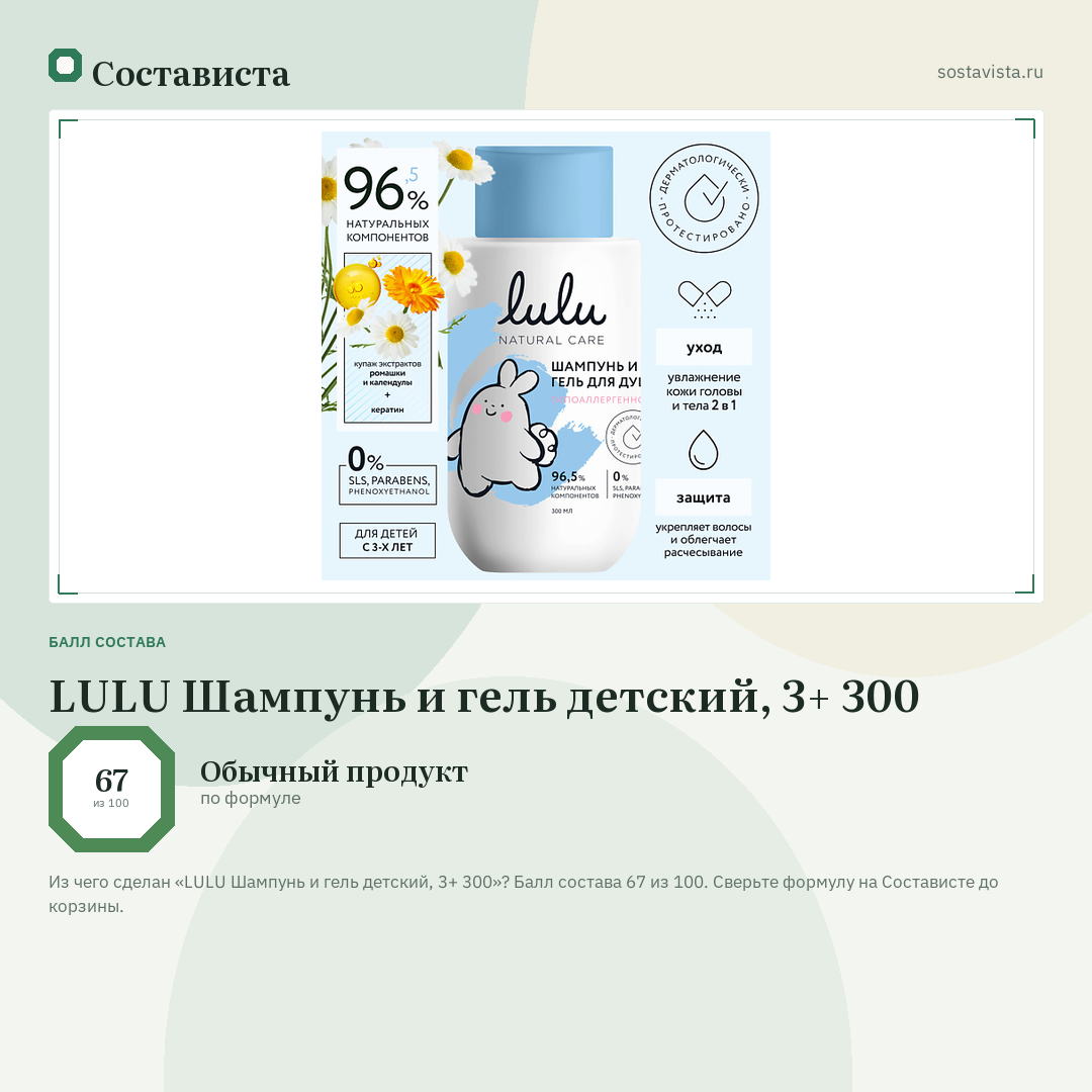 LULU Шампунь и гель детский, 3+ 300: балл состава 67 из 100 — Состависта