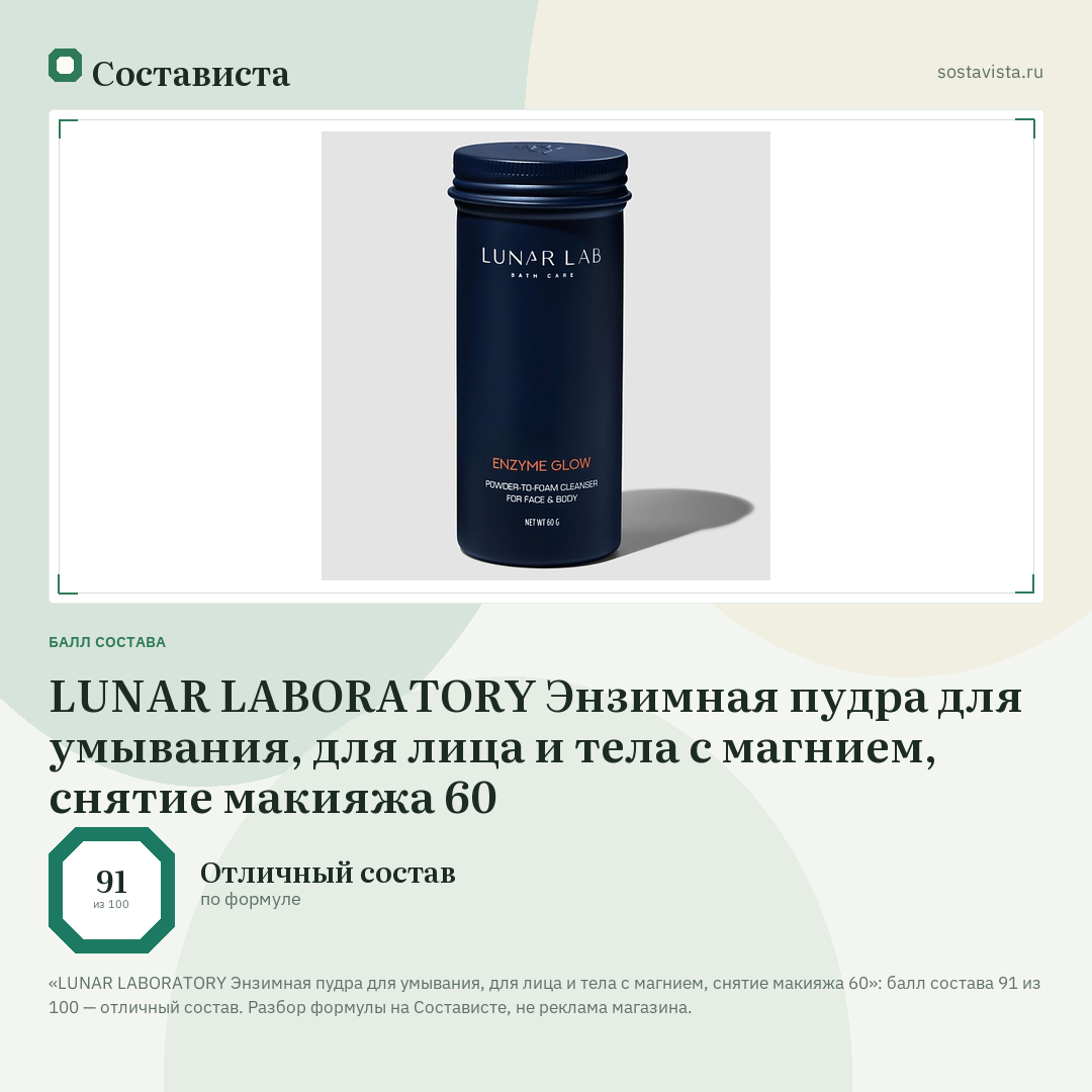 LUNAR LABORATORY Энзимная пудра для умывания, для лица и тела с магнием, снятие макияжа 60: балл состава 91 из 100 — Состависта