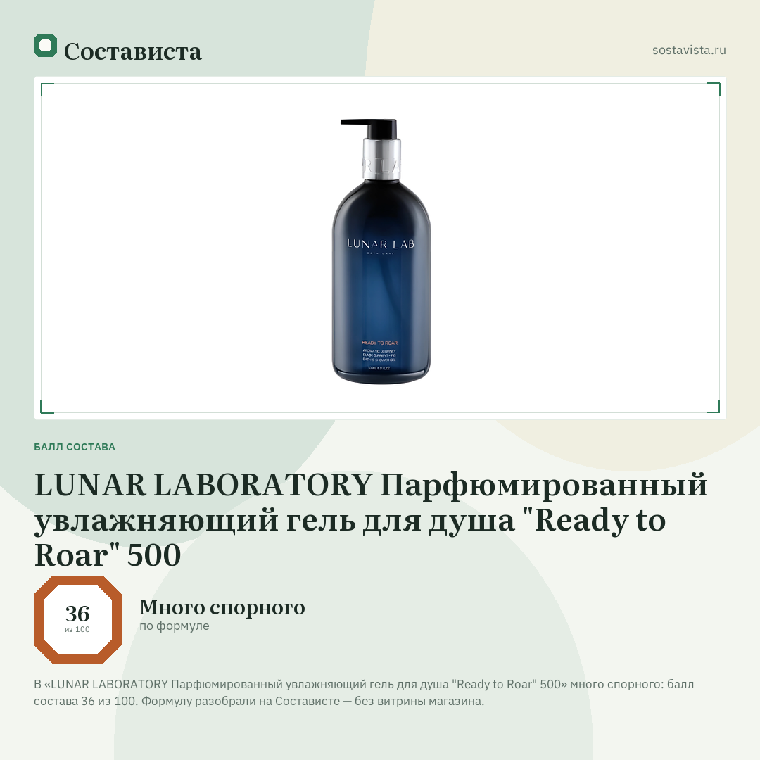 LUNAR LABORATORY Парфюмированный увлажняющий гель для душа "Ready to Roar" 500: балл состава 36 из 100 — Состависта