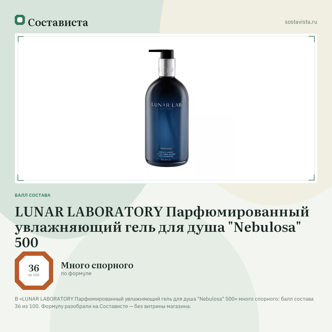LUNAR LABORATORY Парфюмированный увлажняющий гель для душа "Nebulosa" 500: балл состава 36 из 100 — Состависта