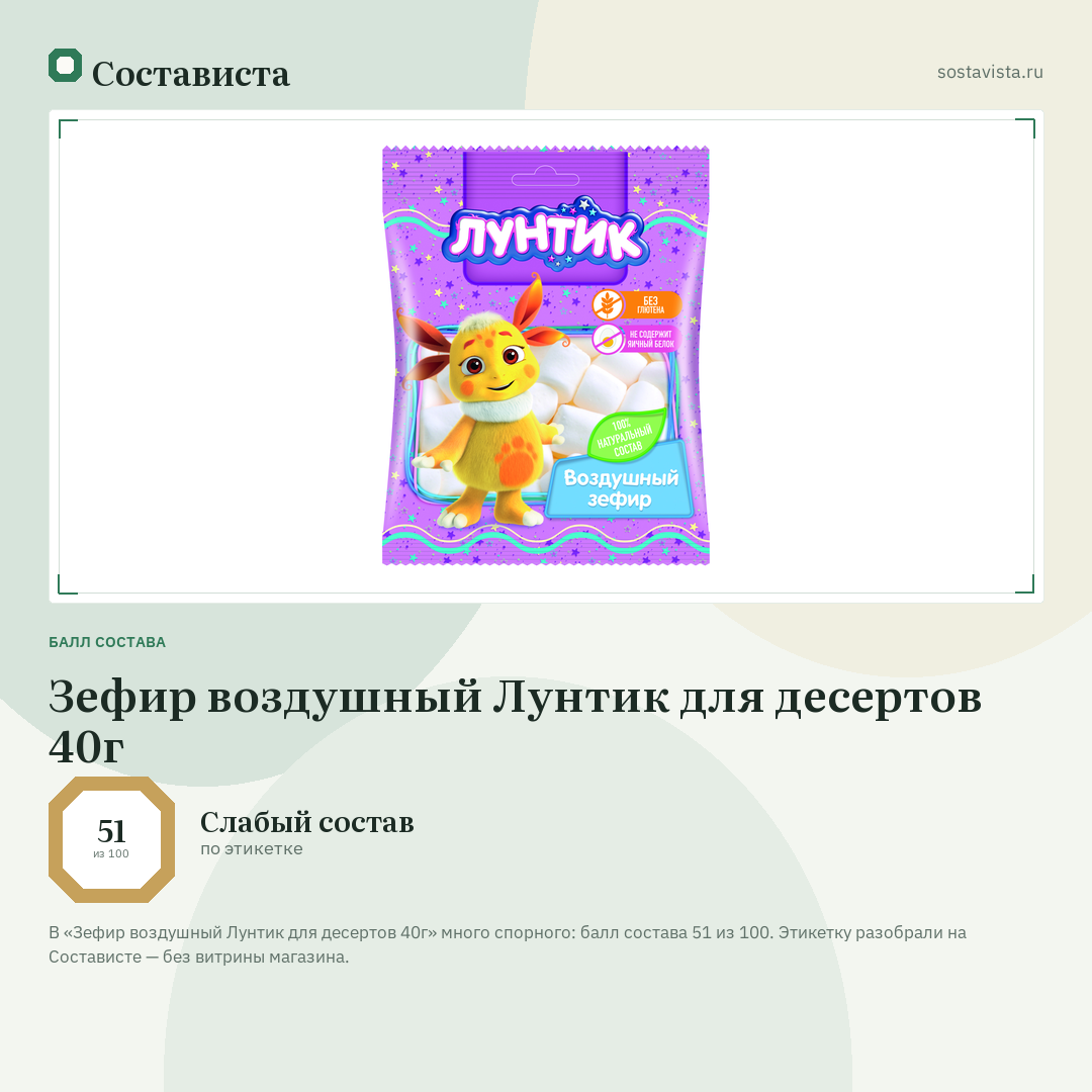 Зефир воздушный Лунтик для десертов 40г: балл состава 51 из 100 — Состависта
