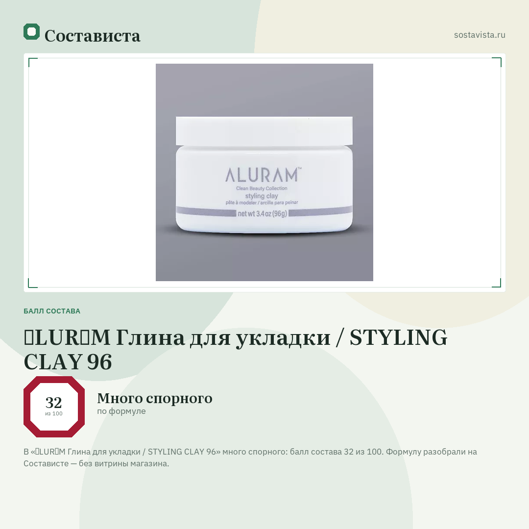 ɅLURɅM Глина для укладки / STYLING CLAY 96: балл состава 32 из 100 — Состависта