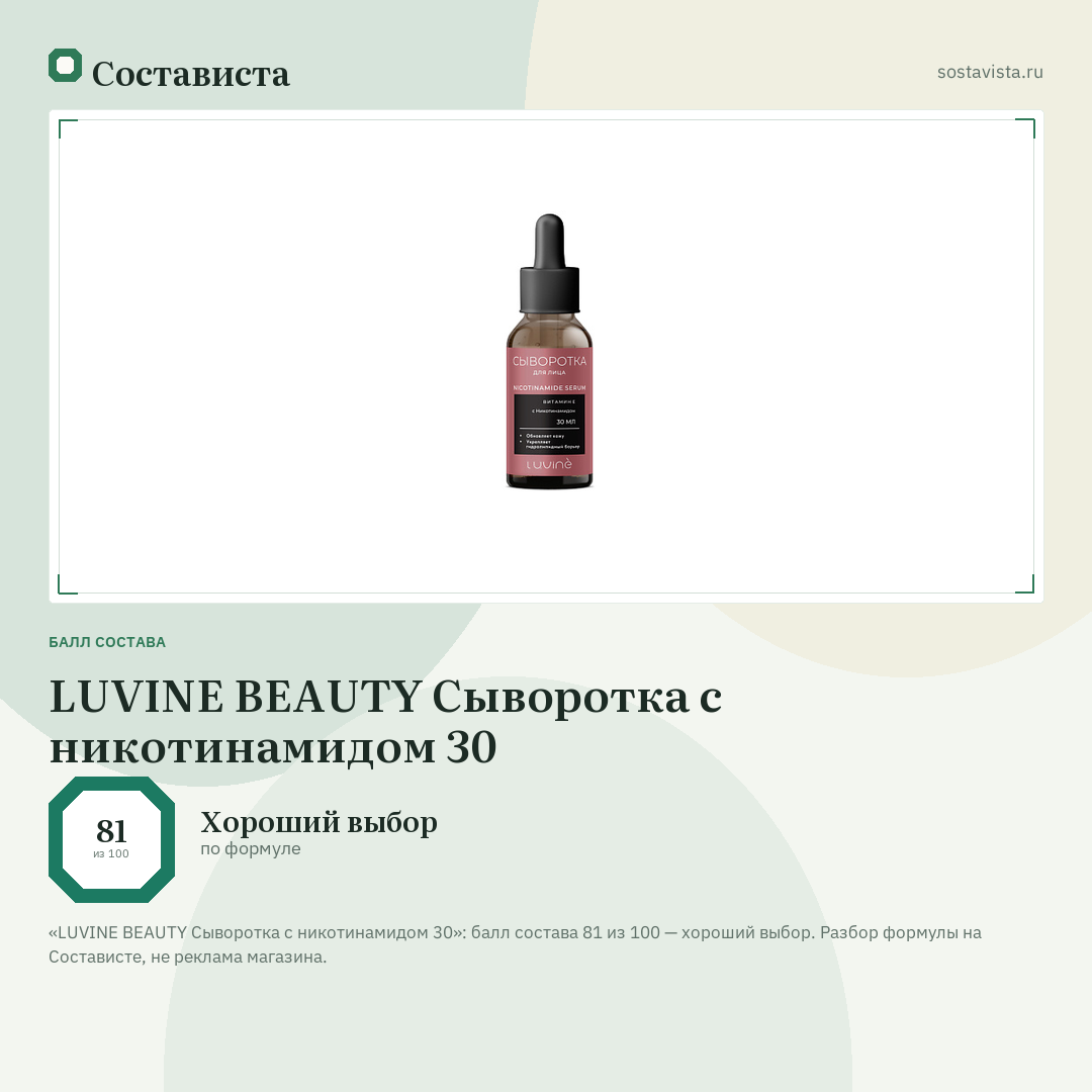 LUVINE BEAUTY Сыворотка с никотинамидом 30: балл состава 81 из 100 — Состависта