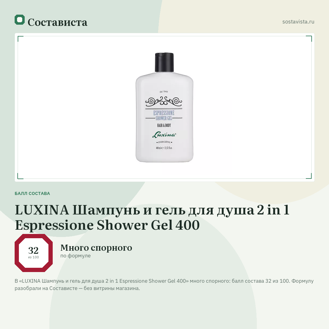 LUXINA Шампунь и гель для душа 2 in 1 Espressione Shower Gel 400: балл состава 32 из 100 — Состависта