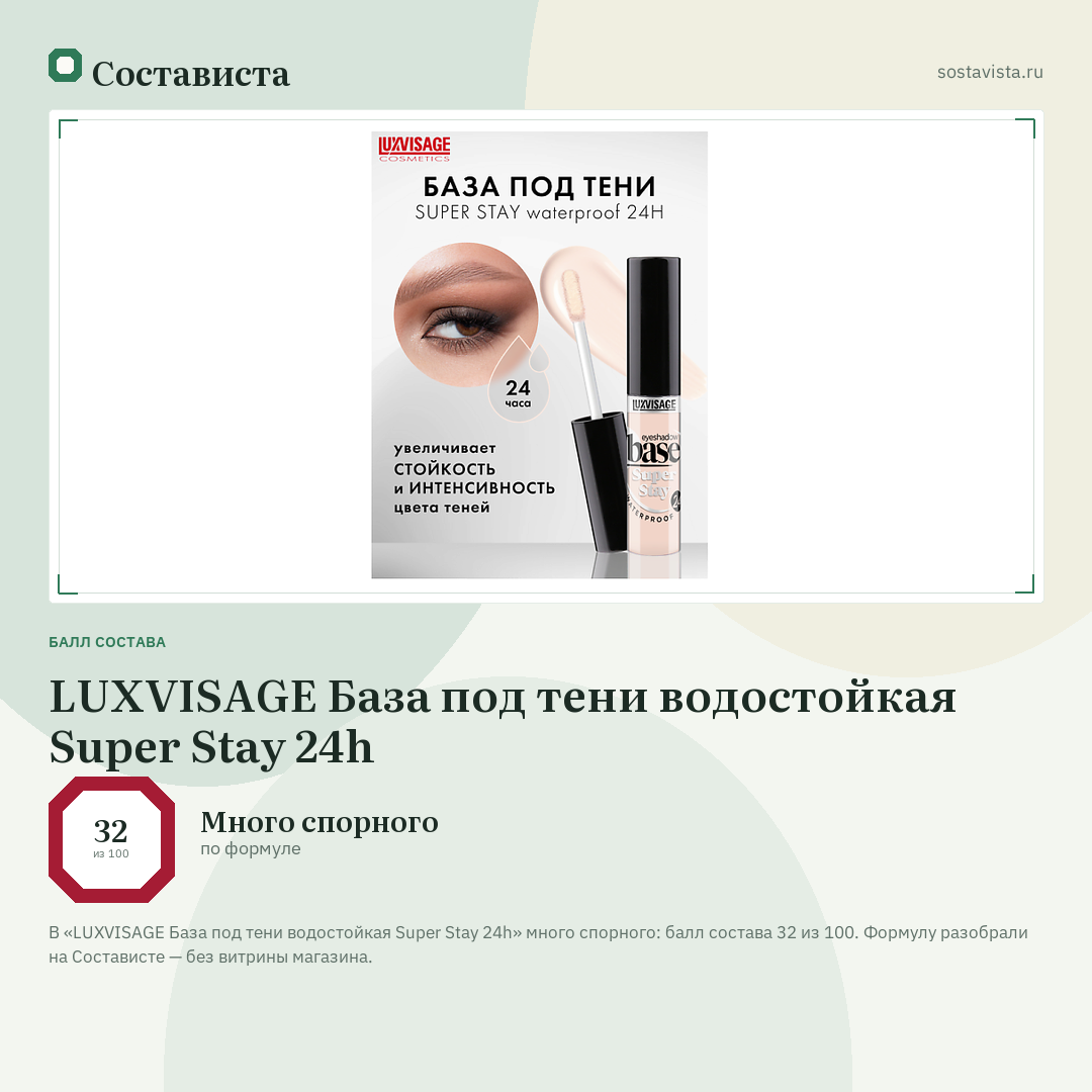 LUXVISAGE База под тени водостойкая Super Stay 24h: балл состава 32 из 100 — Состависта