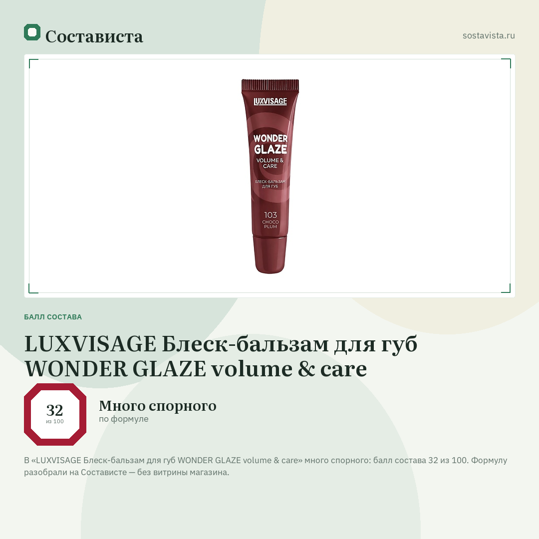 LUXVISAGE Блеск-бальзам для губ WONDER GLAZE volume & care: балл состава 32 из 100 — Состависта