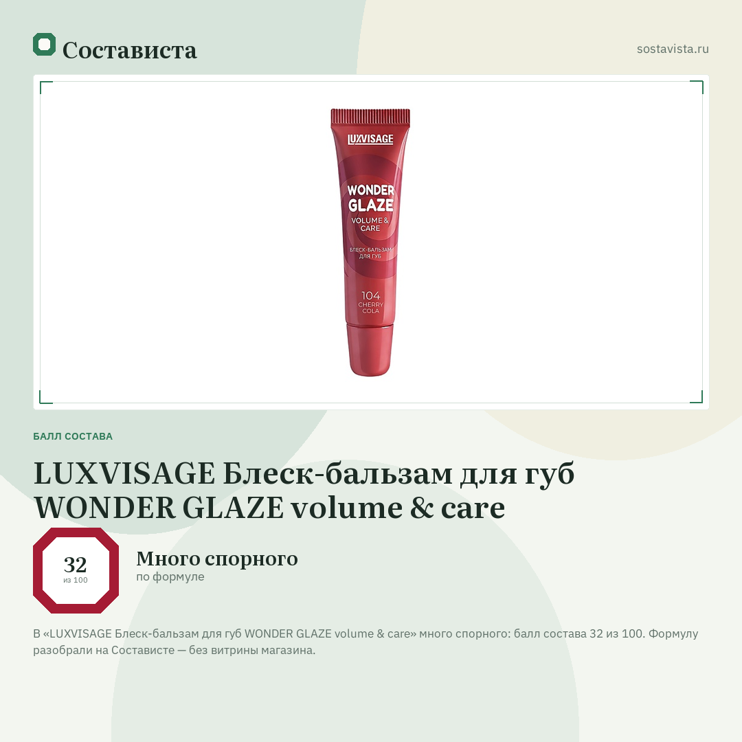 LUXVISAGE Блеск-бальзам для губ WONDER GLAZE volume & care: балл состава 32 из 100 — Состависта