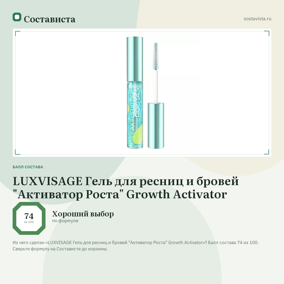 LUXVISAGE Гель для ресниц и бровей "Активатор Роста" Growth Activator: балл состава 74 из 100 — Состависта