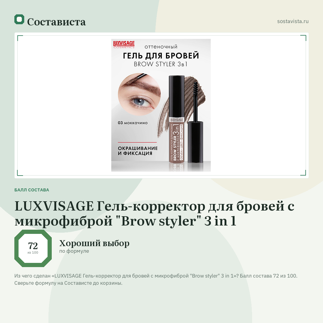 LUXVISAGE Гель-корректор для бровей с микрофиброй "Brow styler" 3 in 1: балл состава 72 из 100 — Состависта