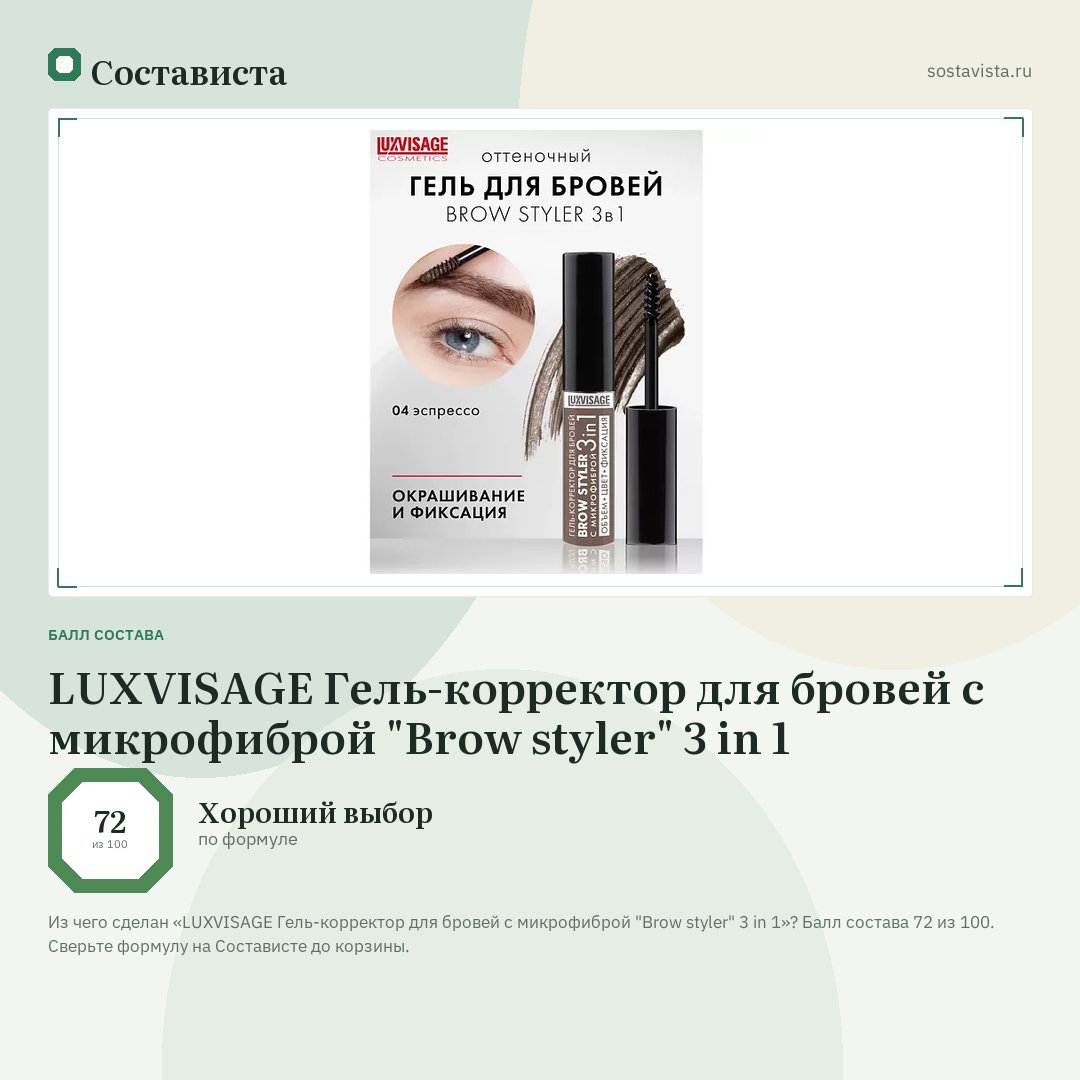 LUXVISAGE Гель-корректор для бровей с микрофиброй "Brow styler" 3 in 1: балл состава 72 из 100 — Состависта