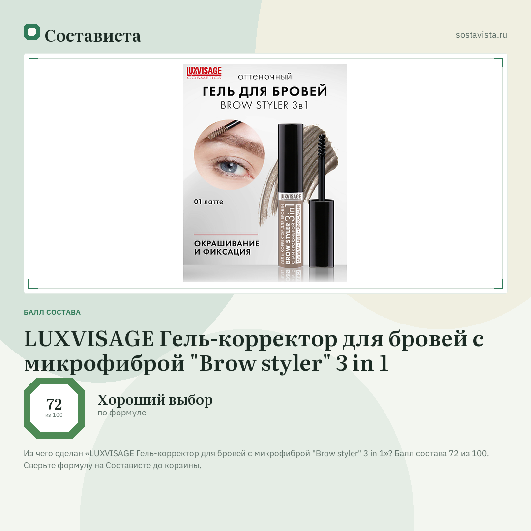 LUXVISAGE Гель-корректор для бровей с микрофиброй "Brow styler" 3 in 1: балл состава 72 из 100 — Состависта