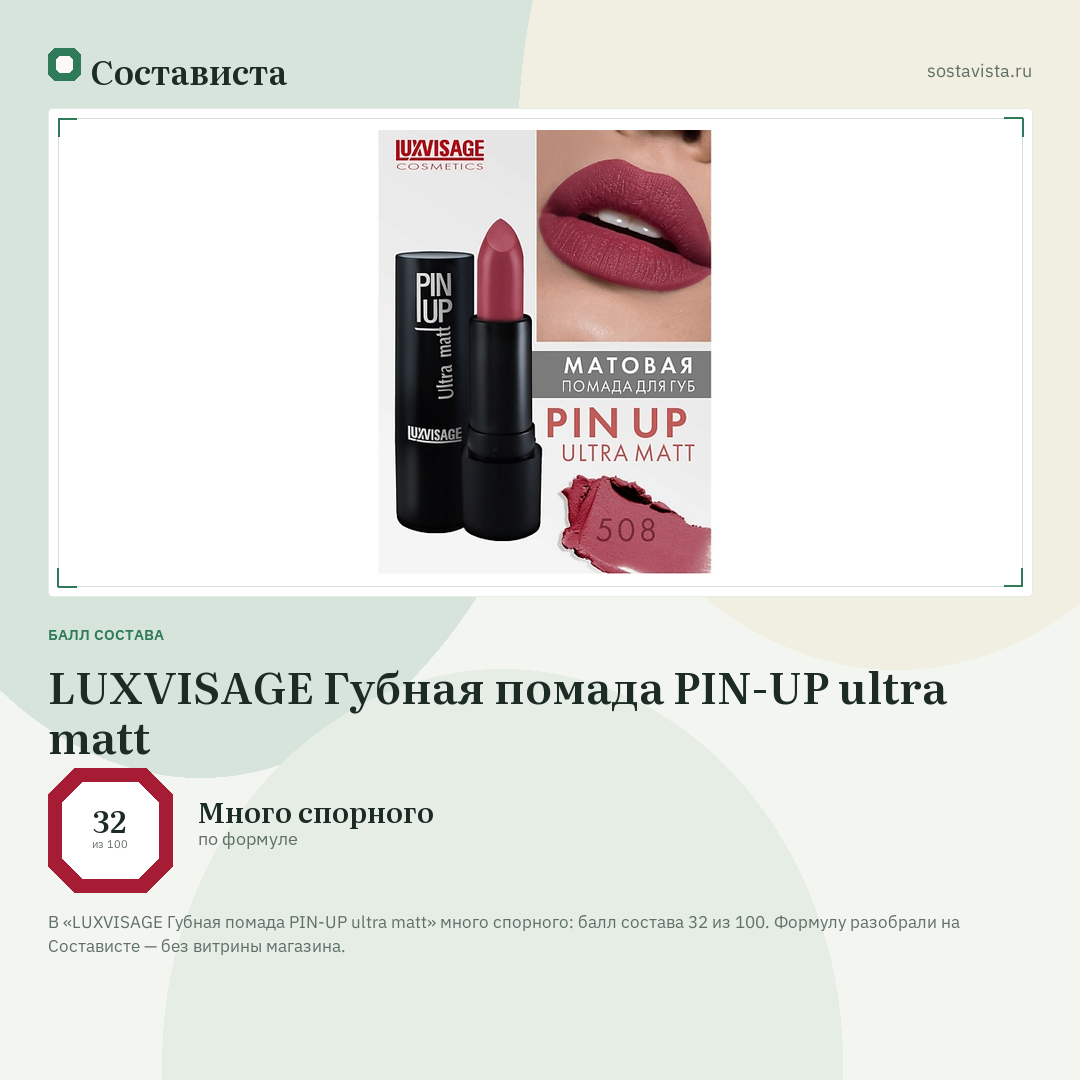 LUXVISAGE Губная помада PIN-UP ultra matt: балл состава 32 из 100 — Состависта