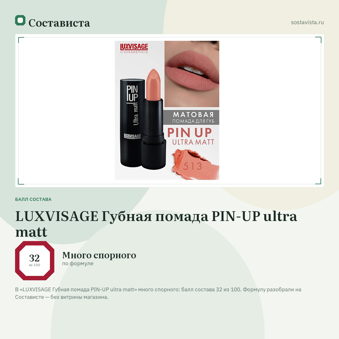 LUXVISAGE Губная помада PIN-UP ultra matt: балл состава 32 из 100 — Состависта