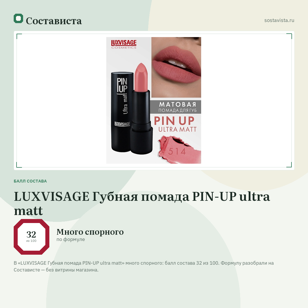 LUXVISAGE Губная помада PIN-UP ultra matt: балл состава 32 из 100 — Состависта