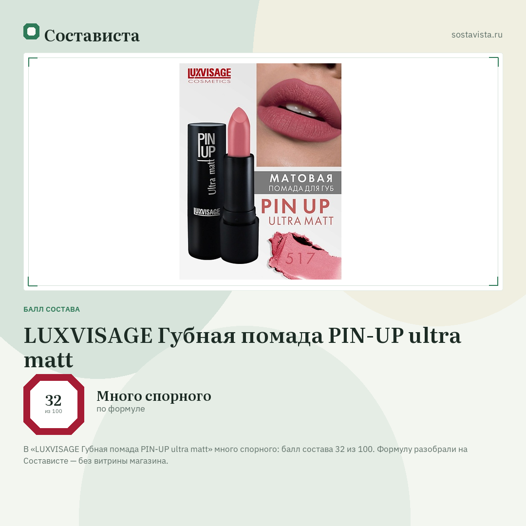LUXVISAGE Губная помада PIN-UP ultra matt: балл состава 32 из 100 — Состависта
