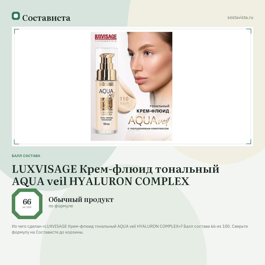LUXVISAGE Крем-флюид тональный AQUA veil HYALURON COMPLEX: балл состава 66 из 100 — Состависта