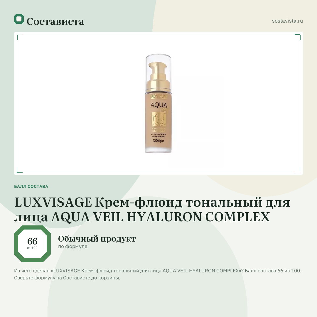 LUXVISAGE Крем-флюид тональный для лица AQUA VEIL HYALURON COMPLEX: балл состава 66 из 100 — Состависта