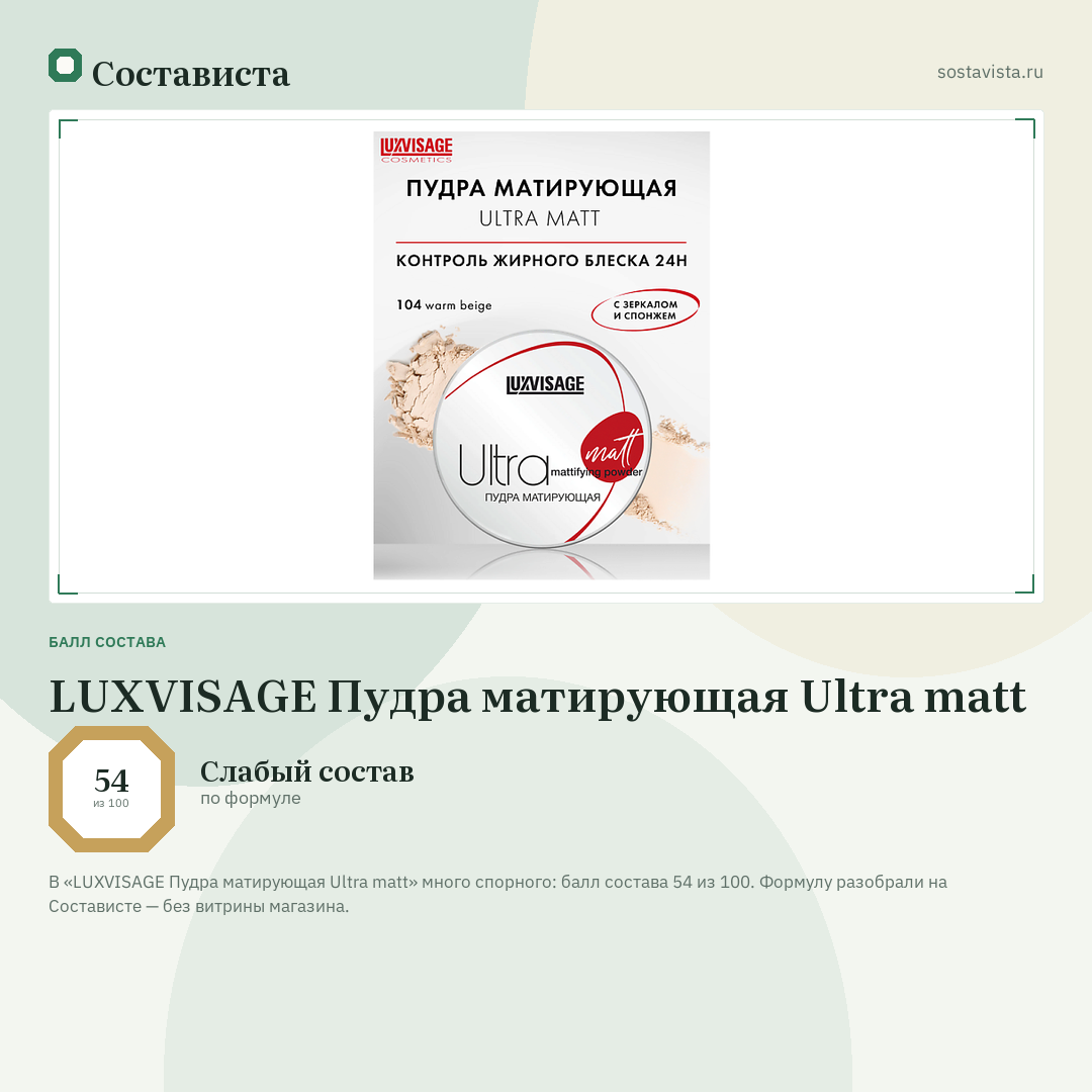 LUXVISAGE Пудра матирующая Ultra matt: балл состава 54 из 100 — Состависта