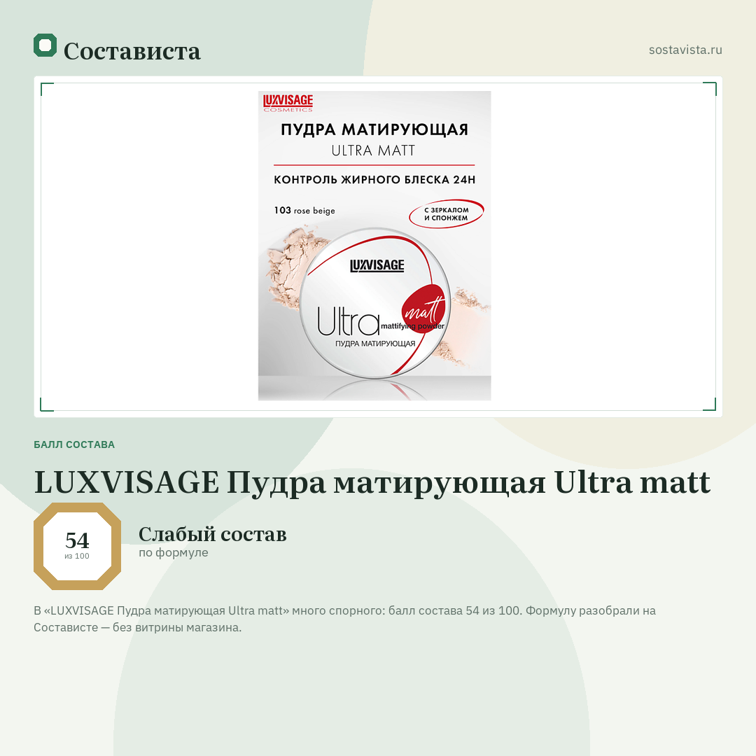 LUXVISAGE Пудра матирующая Ultra matt: балл состава 54 из 100 — Состависта