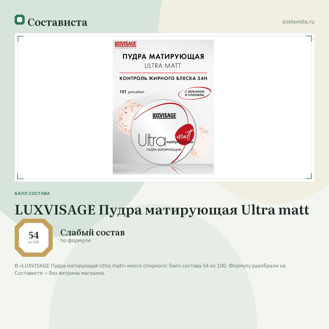 LUXVISAGE Пудра матирующая Ultra matt: балл состава 54 из 100 — Состависта