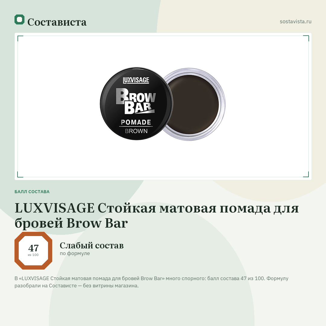 LUXVISAGE Стойкая матовая помада для бровей Brow Bar: балл состава 47 из 100 — Состависта