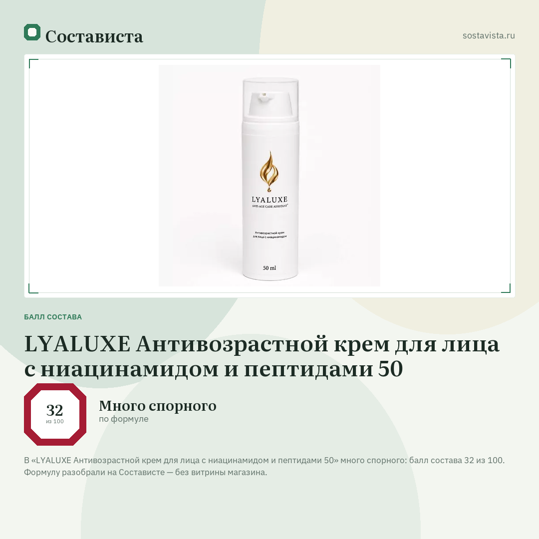 LYALUXE Антивозрастной крем для лица с ниацинамидом и пептидами 50: балл состава 32 из 100 — Состависта