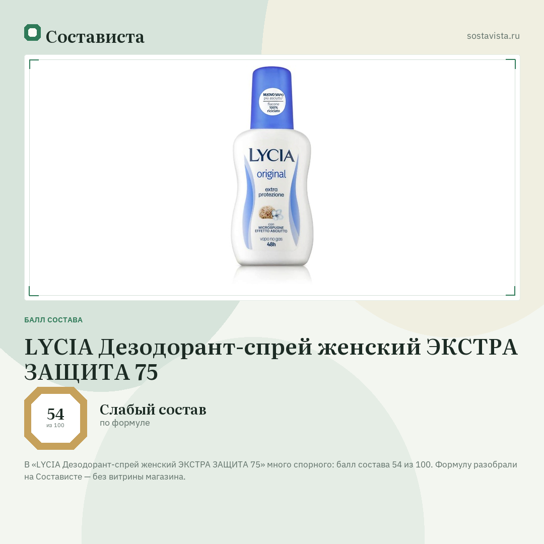 LYCIA Дезодорант-спрей женский ЭКСТРА ЗАЩИТА 75: балл состава 54 из 100 — Состависта