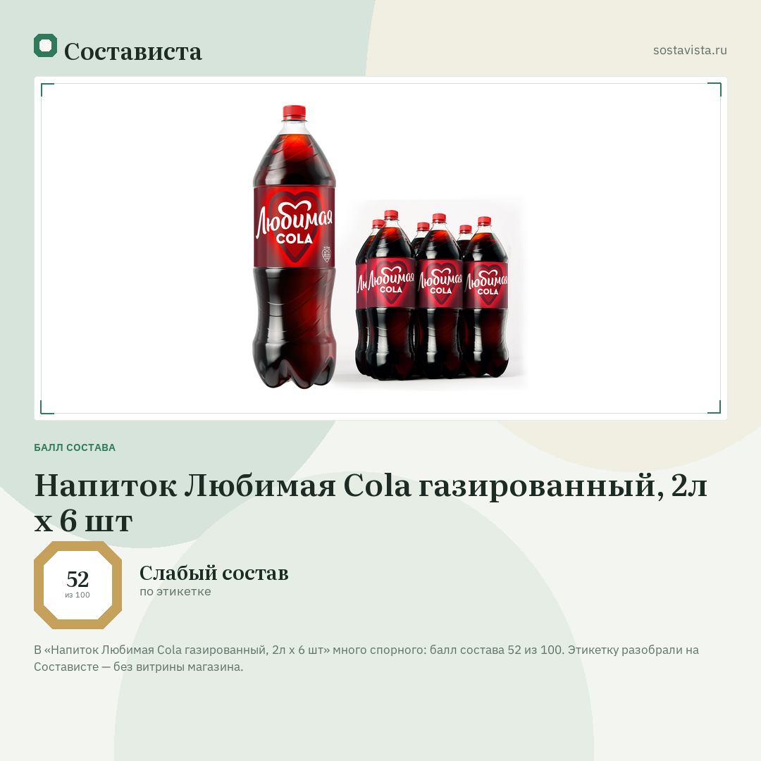 Напиток Любимая Cola газированный, 2л x 6 шт: балл состава 52 из 100 — Состависта