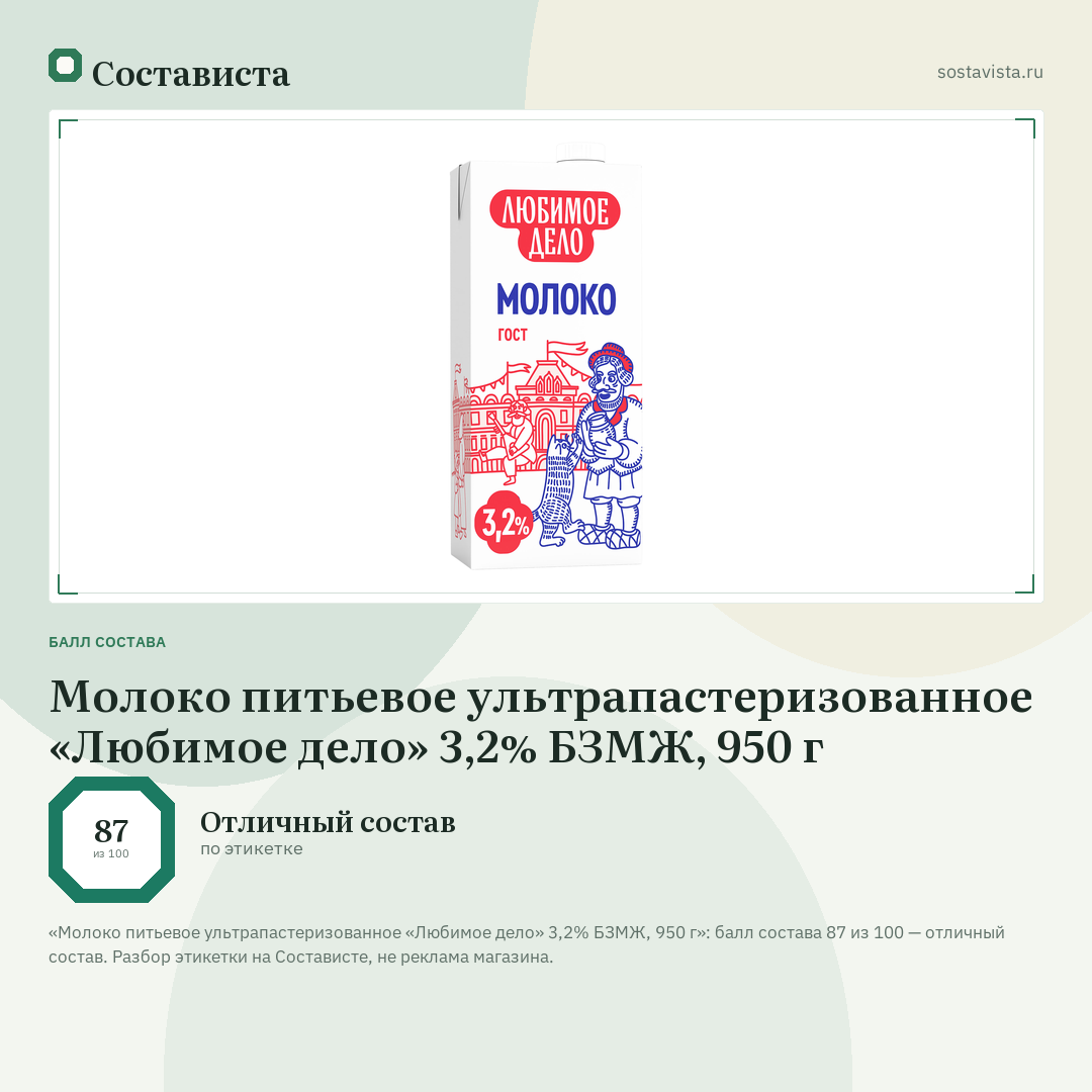 Молоко питьевое ультрапастеризованное «Любимое дело» 3,2% БЗМЖ, 950 г: балл состава 87 из 100 — Состависта