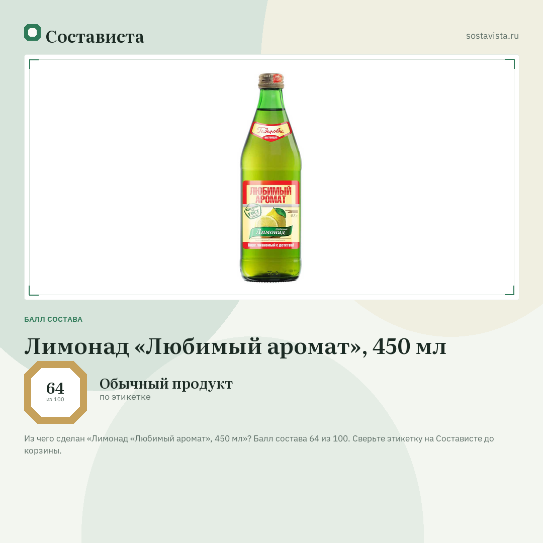 Лимонад «Любимый аромат», 450 мл: балл состава 64 из 100 — Состависта