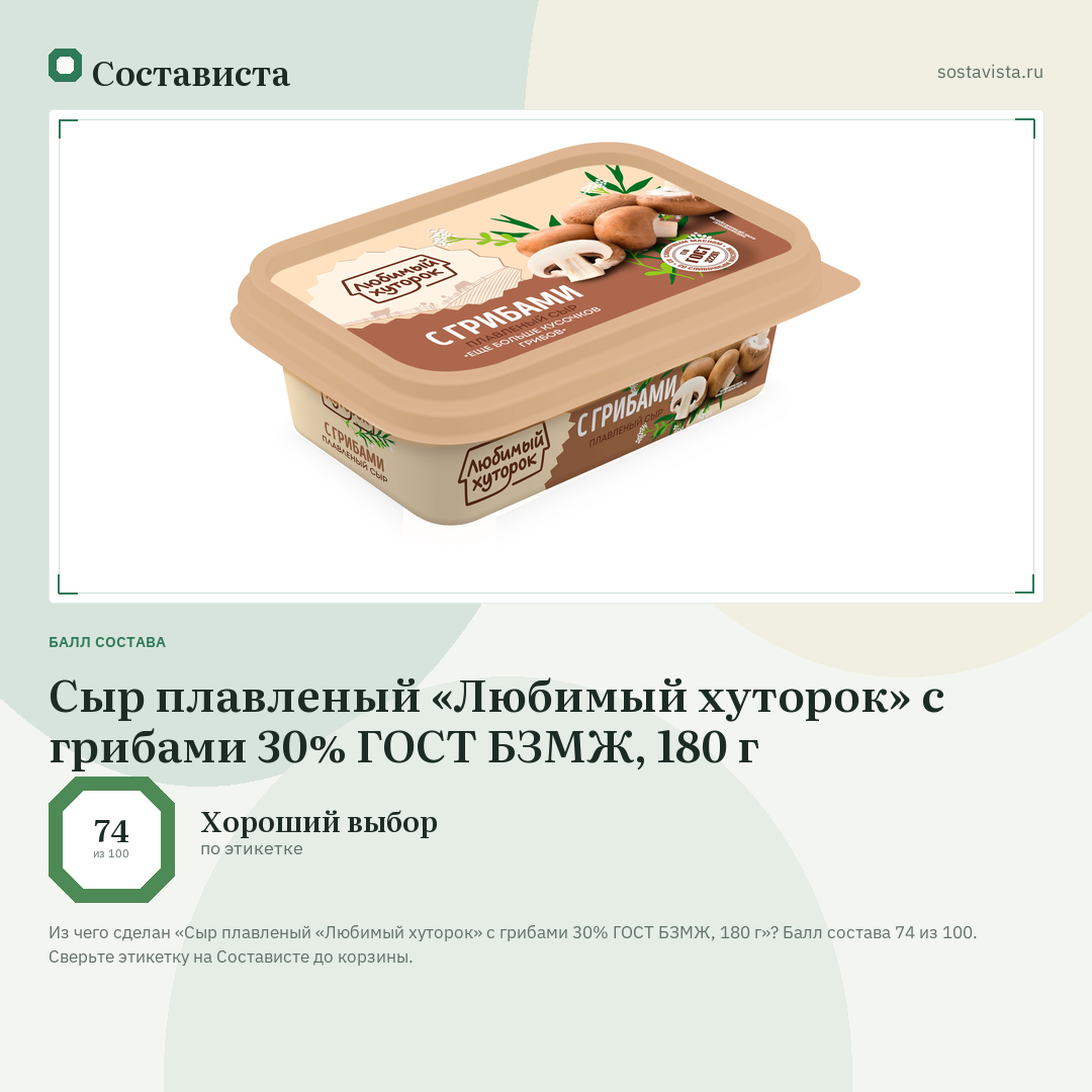 Сыр плавленый «Любимый хуторок» с грибами 30% ГОСТ БЗМЖ, 180 г: балл состава 74 из 100 — Состависта