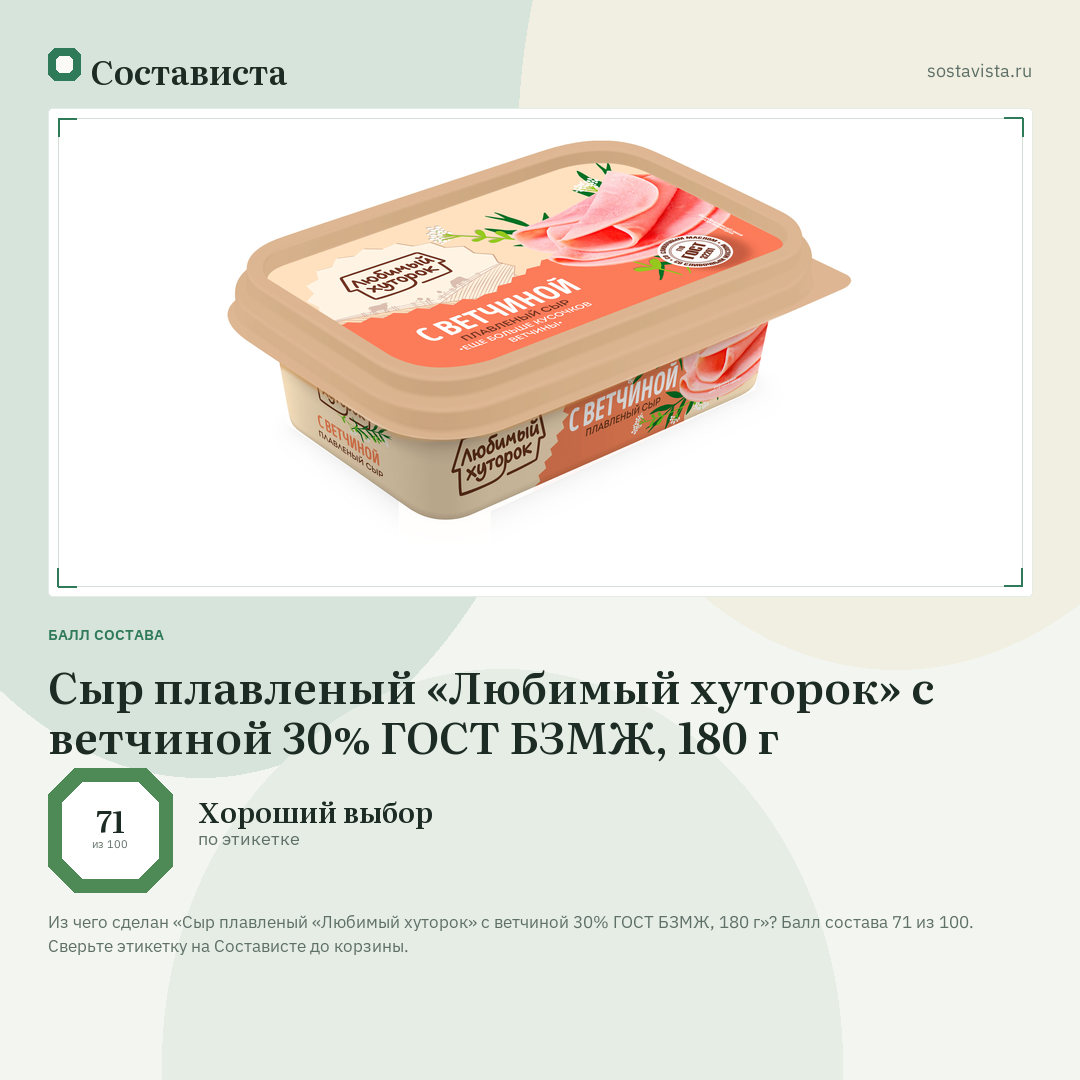 Сыр плавленый «Любимый хуторок» с ветчиной 30% ГОСТ БЗМЖ, 180 г: балл состава 71 из 100 — Состависта