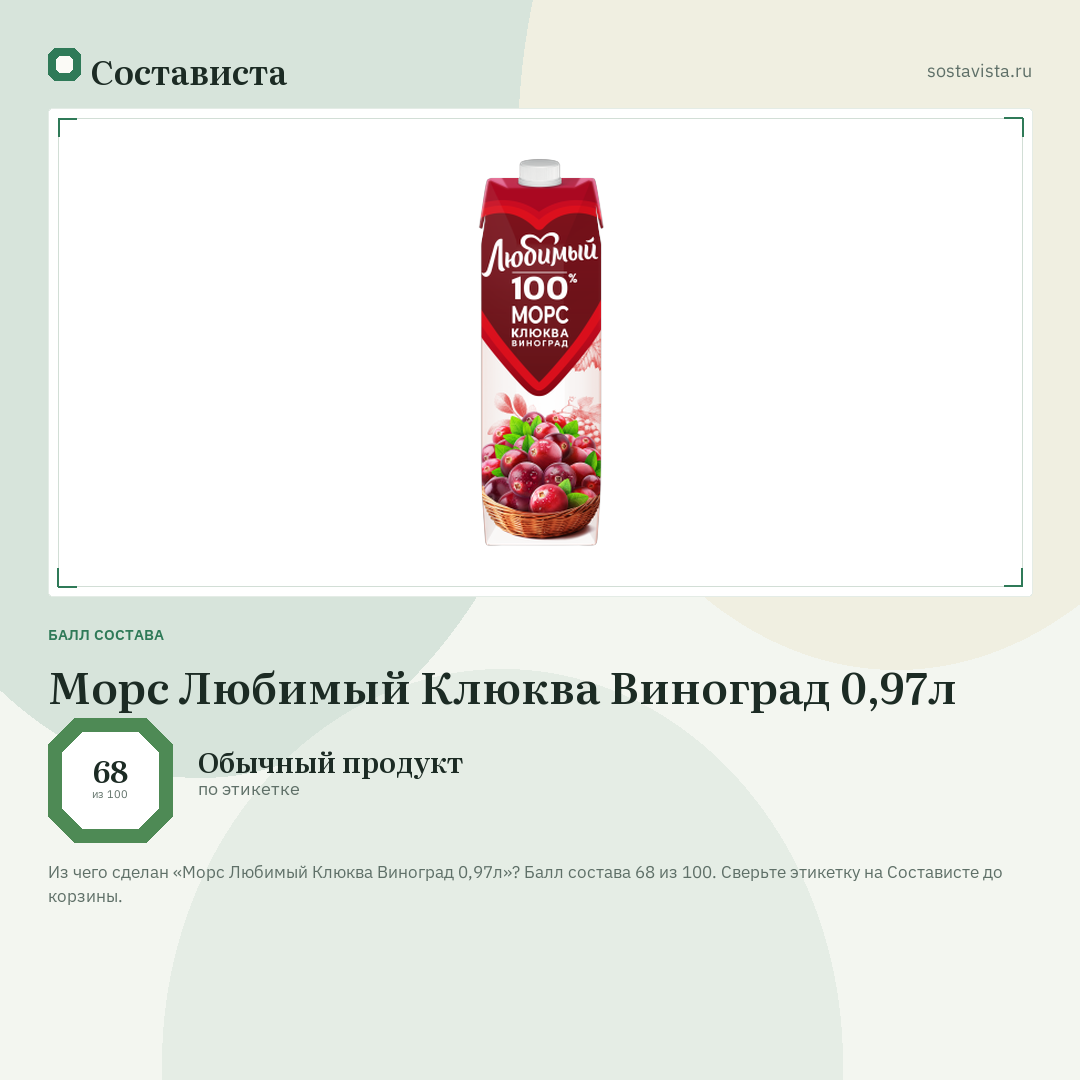 Морс Любимый Клюква Виноград 0,97л: балл состава 68 из 100 — Состависта