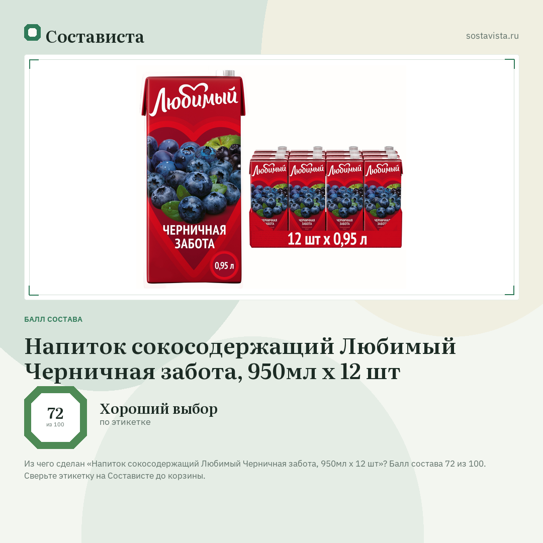 Напиток сокосодержащий Любимый Черничная забота, 950мл x 12 шт: балл состава 72 из 100 — Состависта