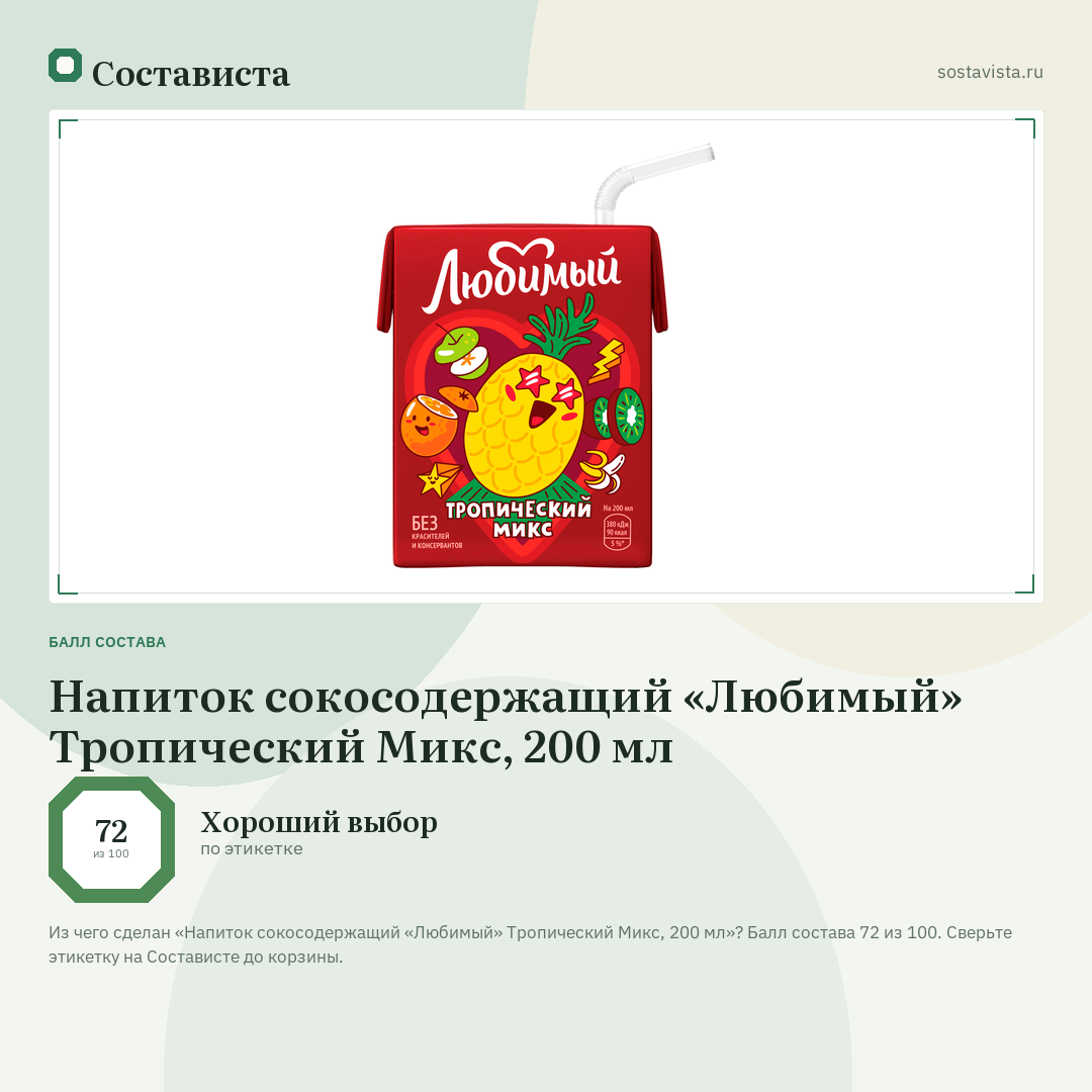 Напиток сокосодержащий «Любимый» Тропический Микс, 200 мл: балл состава 72 из 100 — Состависта