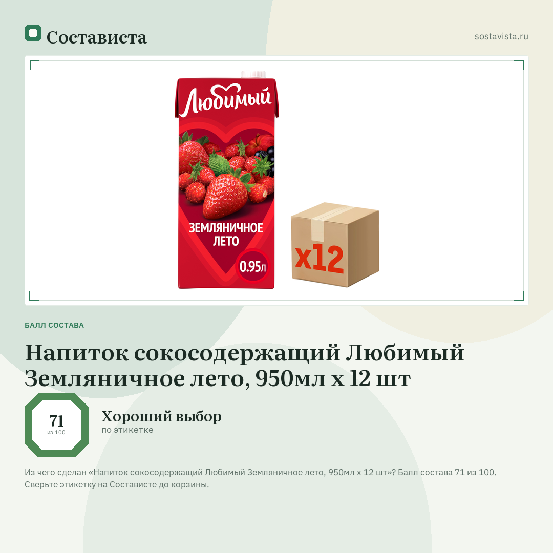 Напиток сокосодержащий Любимый Земляничное лето, 950мл х 12 шт: балл состава 71 из 100 — Состависта